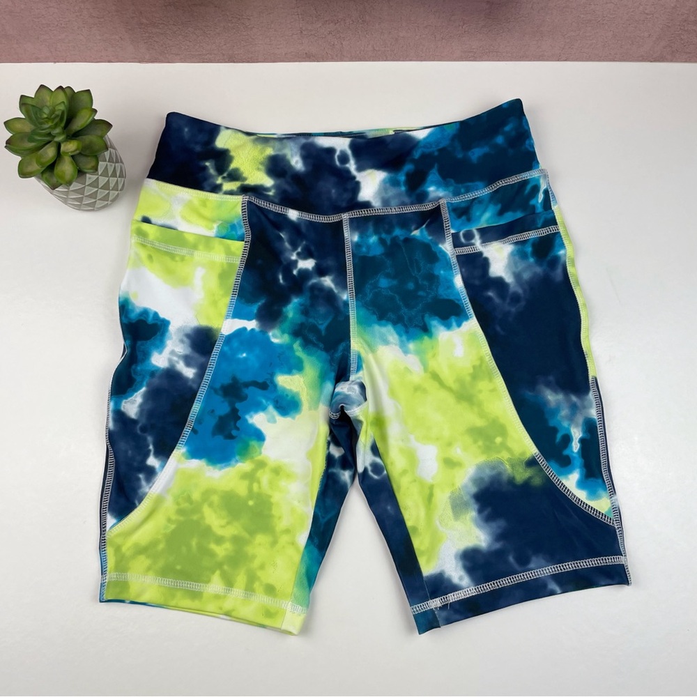 Live Well Blue Green Tie Dye Athletic Workout Shorts Women Medium Stretch